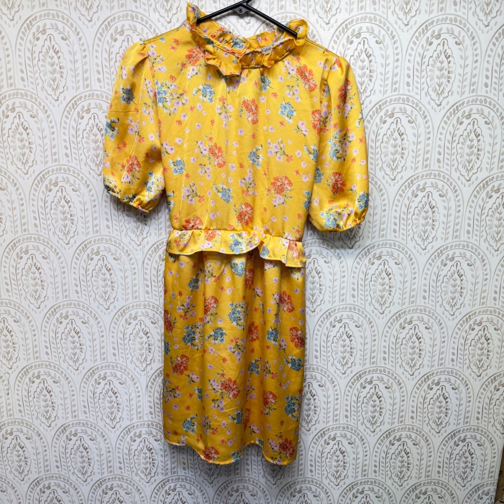 Velvet Torch Mini Dress Women XL Yellow Floral Ruffle Puff‎ Sleeve Keyhole Back
